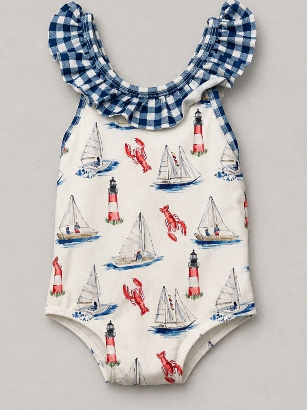 Smocking Bird boat lighthouse and lobster print one piece swimsuit size 18 month